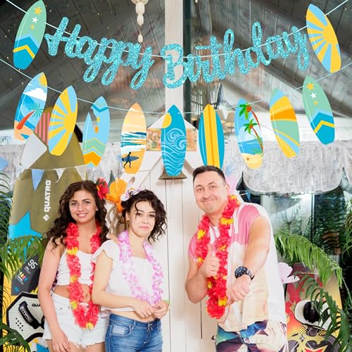Image of 2pcs Summer Surfboard Happy Birthday Banners Summer Surfing Birthday Party Decorations Blue Glitter Surfing Birthday Banner Bunting Surfboard Banner for Tropical Hawaii Beach Surfing Supplies