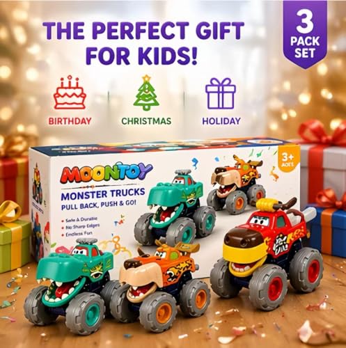 Image of MOONTOY Toy Cars for Toddlers 1-3, 3 Pack Monster Truck Toys for 1 2 3 Year Old Boy Gifts, Baby Animal Play Vehicle Push Pull Back Truck for 12-18 Months 2-4 0-2 1-2 One Year Old Boy 1st Birthday Gift