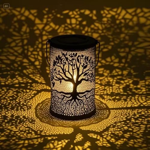 Solar Lanterns for Outdoor Decor – Elegant Antique Bronze Hanging/Standing Garden Lights with Tree of Life Design, Waterproof LED Solar-Powered Lanterns for Patio, Yard, Pathway, Tabletop, or Gifts
