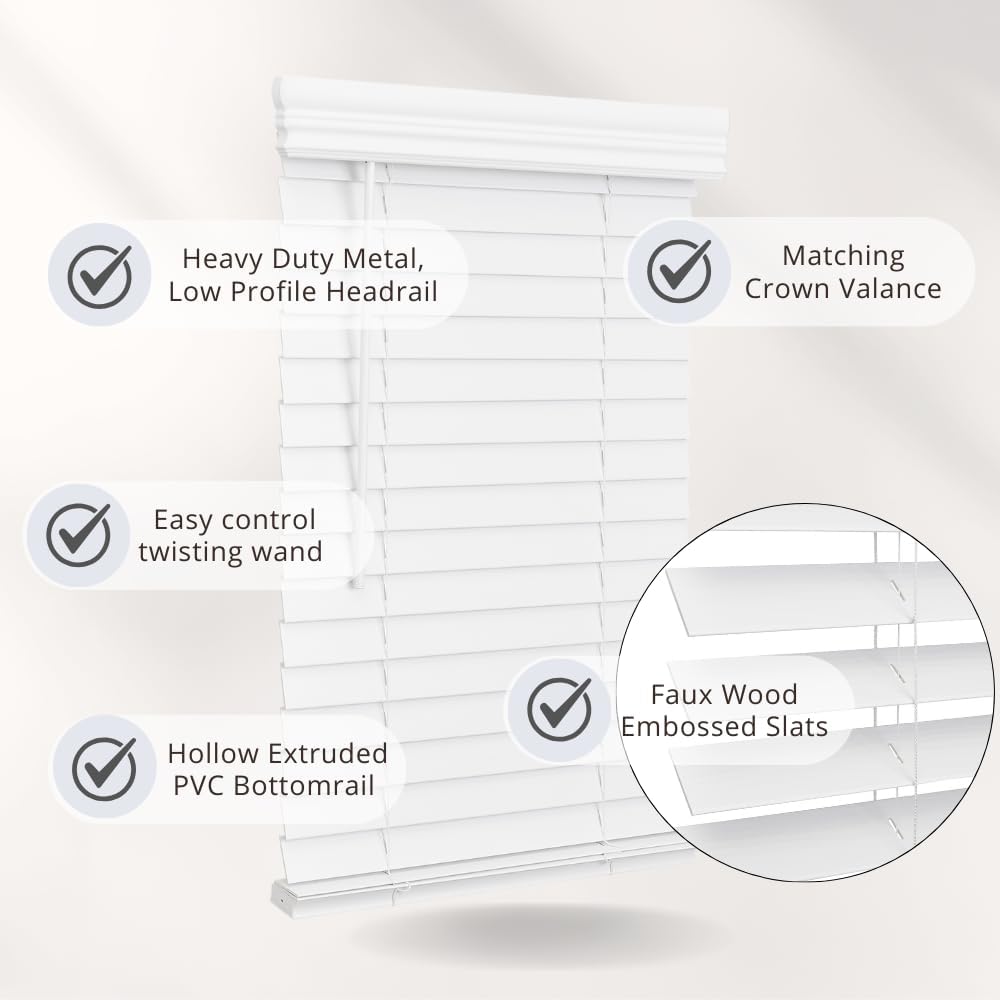 Lotus & Windoware Cordless, 2 Inch Faux Wood Blind, 34.5" Wide x 60" Long, Window Blinds, Blinds & Shades, Blinds for Indoor Windows, Embossed, Bright White Bright White 34.5"W x 60"H