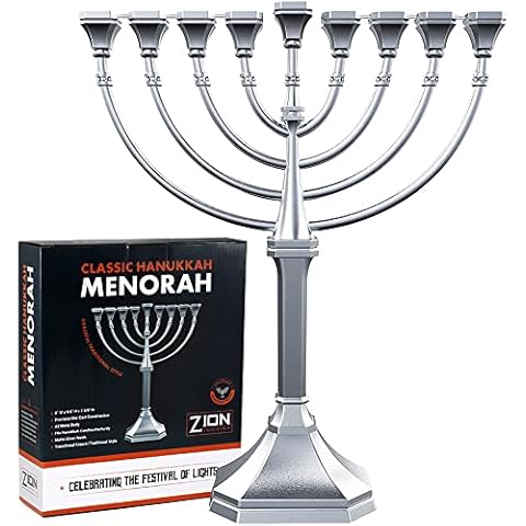 Traditional Classic Hanukkah Menorah - 9.5" Tall Graceful Style Candle Minorah Precision Die Cast Non Tarnish (Satin Silver) by Zion Judaica Cover