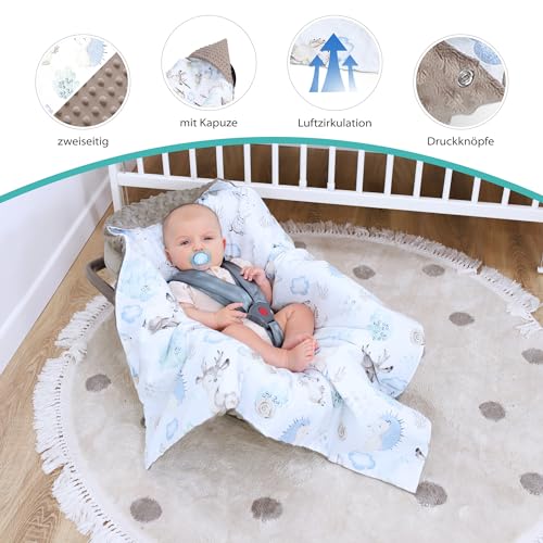 Einschlagdecke Babyschale Baby Decke 90x90 cm - Fußsack Blanket für Kinderwagen und Autositz Ganzjahres für Neugeborenen und Kleinkinder Einschlagsdecken für 3 und 5 Punkt Gurt Minky Oeko-Tex
