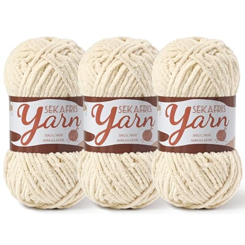 Image of 3 Pack Fluffy Velvet Yarn for Crocheting,Baby Blanket Yarn for Crocheting Soft,150g(196.8yds) Amigurumi Yarns,Plush Chenille Crochet Yarns,Puzzle Yarn for Crochet Weaving Craft(3 Beige)