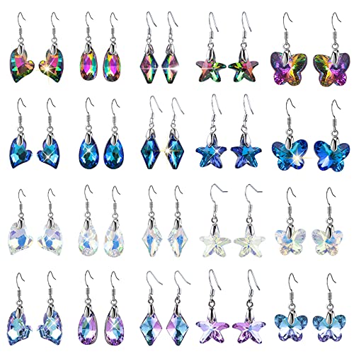 TWGX 20 Pairs Multicolor Christmas Small Sparkly Dangle Earrings Hooks for Women and Girls Crystal Earrings Set with Teardrop Shape,Butterfly Shape,Heart Shape,Rhombus Shape Wholesale