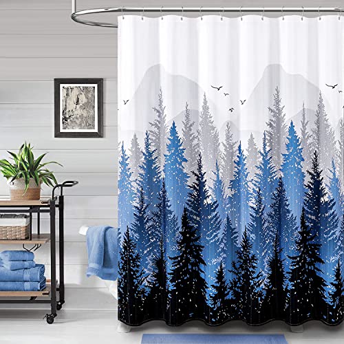 Dynamene Stall Fabric Shower Curtain, 60X72 Inch Narrow Misty Mountain Forest Nature Cloth Shower Curtain Set With 10 Hooks, Weighted Neutral Waterproof Bathroom Shower Curtains, Wrinkle Free, Blue #TOP19