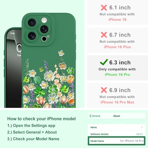 Image of Designed for iPhone 16 Pro Case Floral for Women Girls, Green | Cute Oil Painting Flower Pattern Liquid Silicone Phone Case [Full Camera Protection] Slim Soft TPU Protective Cover