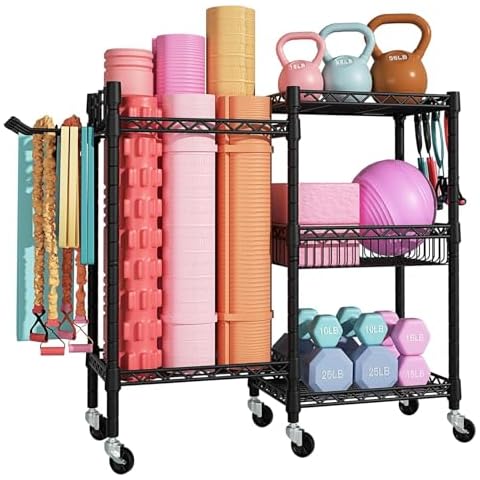 LWWJJ Home Gym storage Rack, 3 Tiers Workout Equipment Organizer, Portable Yoga Mat Storage with Wheels, Foam Roller, Dumbbells, Kettlebells, Resistance Bands Cover