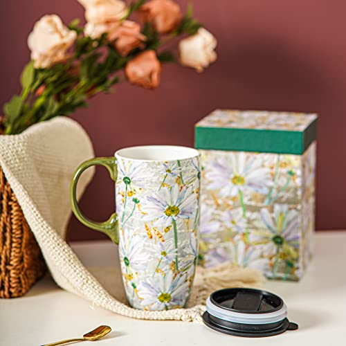 Topadorn Ceramic Travel Mug with Lid Coffee Mug with Gift Box Latte Mug Coffee Cup, 17oz Large Capacity Mug Home Office Gift, Daisy - Image 2