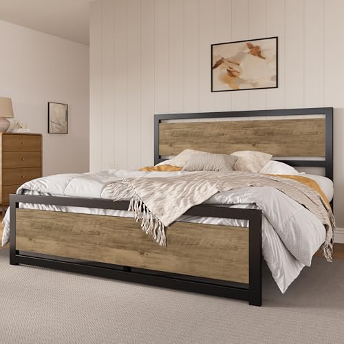 Image of SHA CERLIN Heavy Duty King Size Bed Frame with Modern Headboard, Brown | Platform Metal Base with Square Footboard and 13 Strong Slats Support, No Box Spring Needed