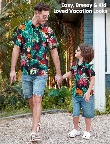 Image of PATPAT Family Hawaiian Matching Outfits - Mommy and Me Vacation Outfits | Halter Sundresses and Button Down Shirts,Caribbean Vacation Summer Tropical Outfits,Hawaiian Boho Tropical Floral Printed