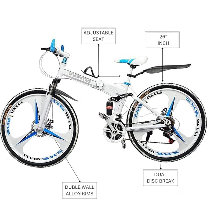 Image of Amaze Kai Dual Suspension Bikes Bmv Foldable Gear Cycle for Men with 21 Speed Gear 3 Spoke | Folding Mountain Bike with Double Disc Break & Mac Wheel, 26 Inch (White)