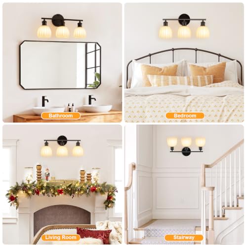 Image of Bathroom Light Fixtures, 3-Light Brushed Black Vanity Lights for Bathroom with White Tulip Glass Shade, 20 inch Vintage Bathroom Vanity Lighting Fixtures Over Mirror for Bedroom Living Room Hallway