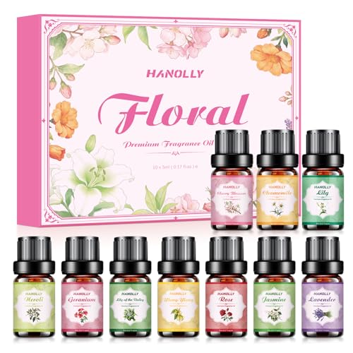 HANOLLY Huile Essentielle Florales 10x5ML, Huiles Essentielles Naturelle Pour Diffuseur Massage DIY Bougie -Lavande, Géranium, Rose, Jasmin, Muguet,...