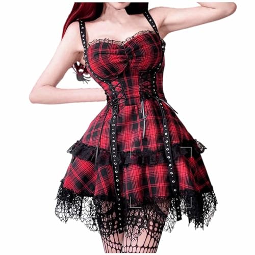 Gothic Check Dress for Women UK Sale Clearance Ladies Tartan Plaid Dresses Cold Shoulder A-Line Dress Temperament Mini Dress Gothic Clothing Medieval Steampunk Dress Cosplay Party Prom