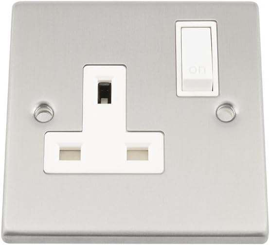 Socket 1 Gang - Satin Matt Chrome - Square - White Insert Plastic Switch - 13A Single Wall Plug Socket