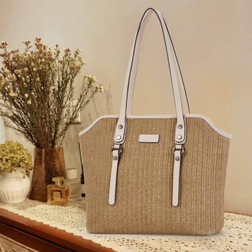 Image of Tote Bag for Women,Large Capacity Straw&Vegan Leather Tote Purses for Women,Shoulder Bags For Daily Travel Work Beach