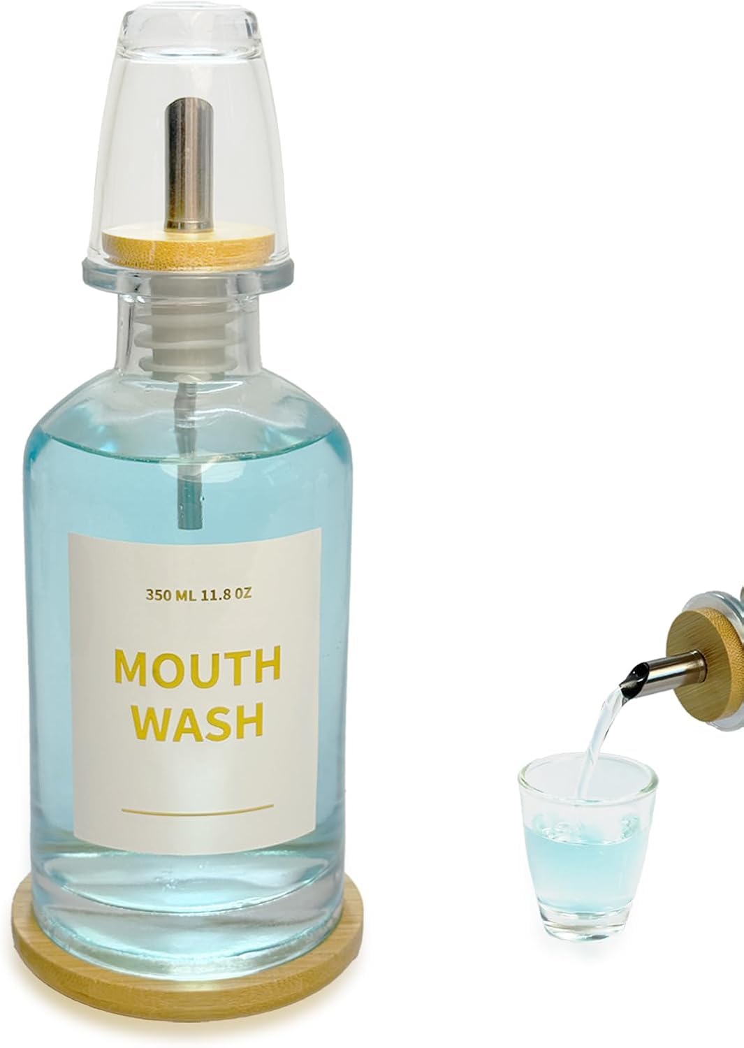 Hniuyun 11.8 oz Glass Mouthwash Dispenser for Bathroom with Bamboo Tray & Steel Nozzle - Reusable Cup, Gold Accents, Countertop Decor