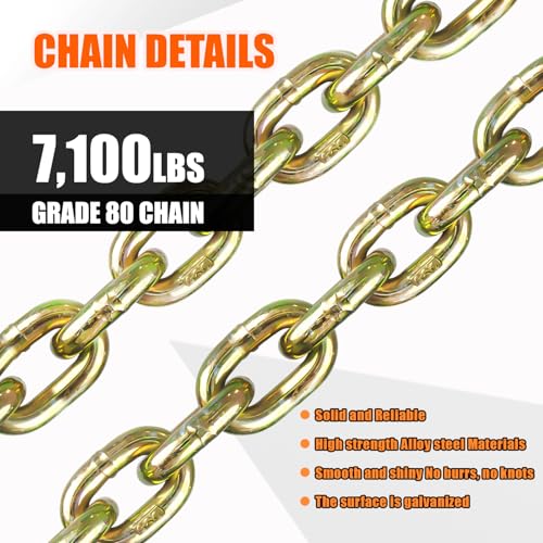 Image of TKK G80 Transport Binder Chain, 3 /8 Inch x 15 Foot Logging Tow Chain with Grab and Sling Hooks, 7,100 lbs Safe Working Load, Heavy Duty for Transporting, Towing and Tie-Down