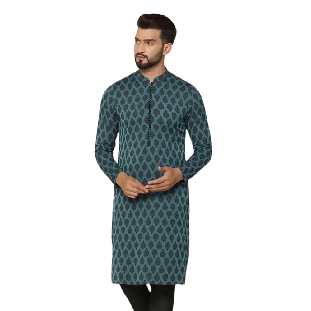 Kisah Men's Kurta, Blue Jacquard, Woven Design Long Sleeves Mandarin Collar Regular Fit (M)