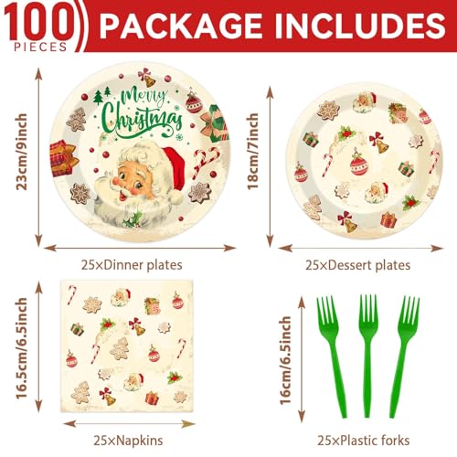Image of Qyeahkj 100 Pcs Christmas Xmas Party Paper Plates and Napkins, Vintage Holiday Party Supplies Birthday Party Tableware Set Table Decorations Favors with Forks for Girls Boys Kids Serve 25