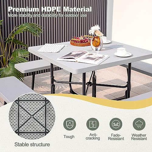 Image of Tangkula 8 Person Picnic Table, Outdoor Square Picnic Table with 4 Built-in Benches, Umbrella Hole, Metal Frame & HDPE Tabletop, Outside Table and Bench Set for Backyard, 2300lbs Weight Capacity