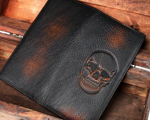 Image of DK86 Skull Long Wallet For Men Full Grain Leather with Hand Burnished Rfid Blocking Rodeo Wallet Bifold Wallet Skull Wallet B