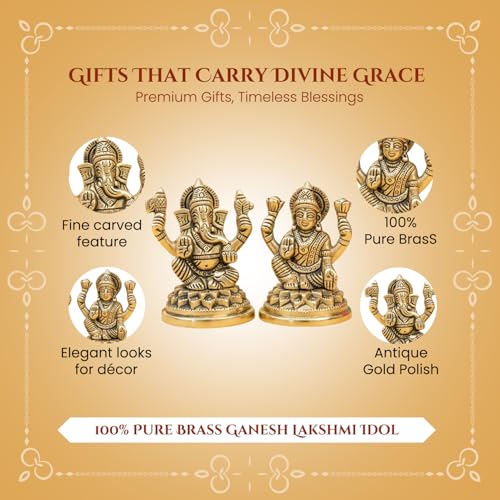 Image of Ekhasa 100% Pure Brass Lakshmi Ganesh Idol with Gift Box | Pital Murti for Pooja Room Decor Office Desk | Religious Housewarming Grah Pravesh Diwali Wedding Gift for Couple