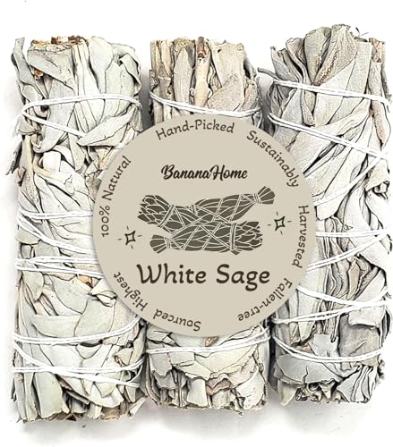 BananaHome 3Pack White Sage Bundles Sage Smudge Stick for Home offices yoga studios Cleansing Incense Fragrance Healing Meditation and California Smudge Sticks Rituals - 4 Inch (White Sage 3Pack)