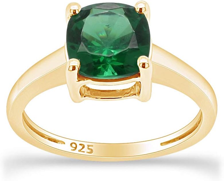 AFFY Solitaire Ring for Women 7MM Cushion Cut Simulated Green Emerald Anniversary Ring in 14K Gold Plated 925 Sterling Silver 2Ct Birthstone Jewelry Gift for Her
