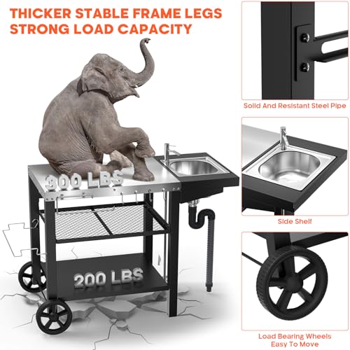 Image of Outdoor Grill Table with Sink, Pizza Oven Cart with Drawer & Wheels, Movable 3 Shelf Food Prep Table for Ninja Woodfire, Blackstone Griddle Stand, Ooni Pizza Oven, Cuisinart, Cooking Station