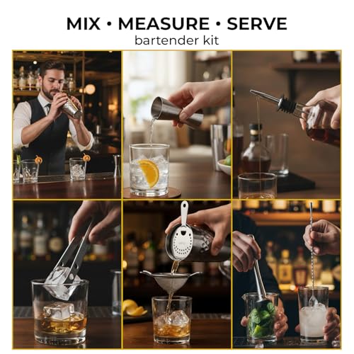 Image of O' Holic by Perch Craft 8-Piece Stainless Steel Bartender Kit|Premium Cocktail Shaker Set with Jigger 30 /60ml, Spoon,Pourer,Ice Tong, & Bar Tools|Professional Bar Set for Home &Tour Parties|Silver