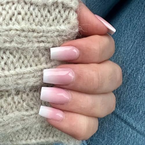 KQueenest Gradient Pink Press On Nails Medium Short Square Fake Nails with Design Natural Ombre Nails Press On,Acrylic Glue On Nails For Women,Thick Short Coffin French Nails for Daily Finger Wear - Image 4