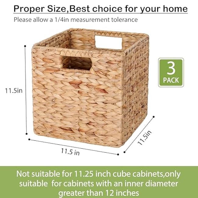 11.5x11.5x11.5in Water Hyacinth Storage Baskets, Woven Baskets for Storage, Wicker Storage Basket for Shelves Set of 3, suit for 12 inch Cube Cabinet