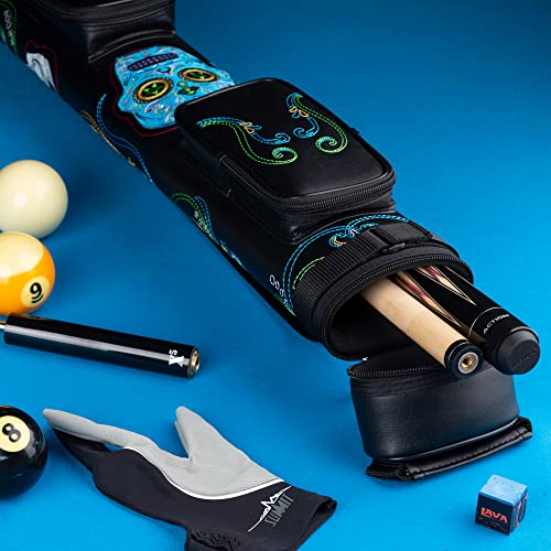 Action Calavera 2 Butt 2 Shaft Hard Pool Cue Case, Sugar Skull Embroidered Design, Two Storage Pockets For Jump Butt, For Billiard Sticks #TOP5