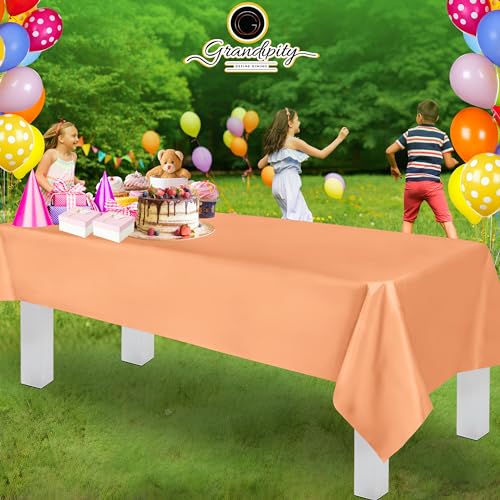 Image of Grandipity Plastic Table Cloth Disposable 12 Pack 54 inch x 108 inch Rectangle | Peach Plastic table covers, durable disposable tablecloths, fade and tear-resistent table cover for party, event