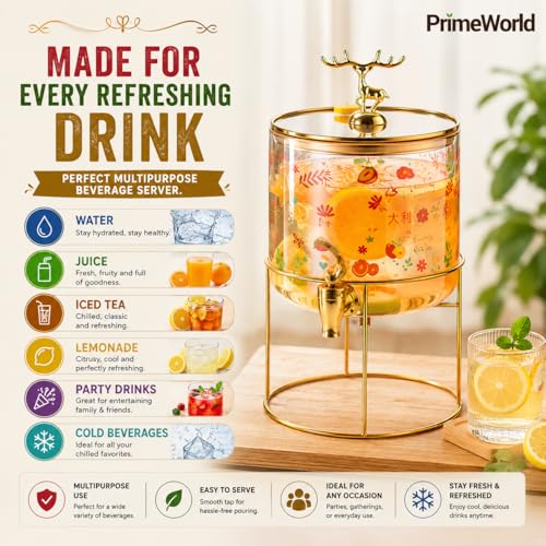 Image of PrimeWorld Glass Beverage Dispenser - 2.6 litres | Vintage Drink Dispenser Jar with Tap & Lid | Ideal for Juice, Water, Iced Tea, Lemonade & Party Beverages