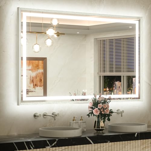 TETOTE 55 x 36 Bathroom LED Mirror Brushed Nickel Metal Frame Frontlit & Backlit Vanity Mirror Stepless Dimmable Anti-Fog 3 Colors White/Warm/Natural Light up Vanity Wall-Mounted