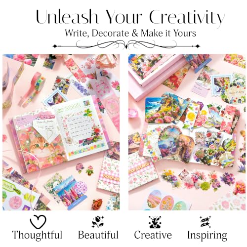 Image of The AutoStory Vintage Scrapbook Album Kit - A6 Junk Journal Notebook with Aesthetic Stickers, Collage Paper Pack & Washi Tape - DIY Journaling Supplies Gift for Teens & Girls (Blooming Spring, Pink)