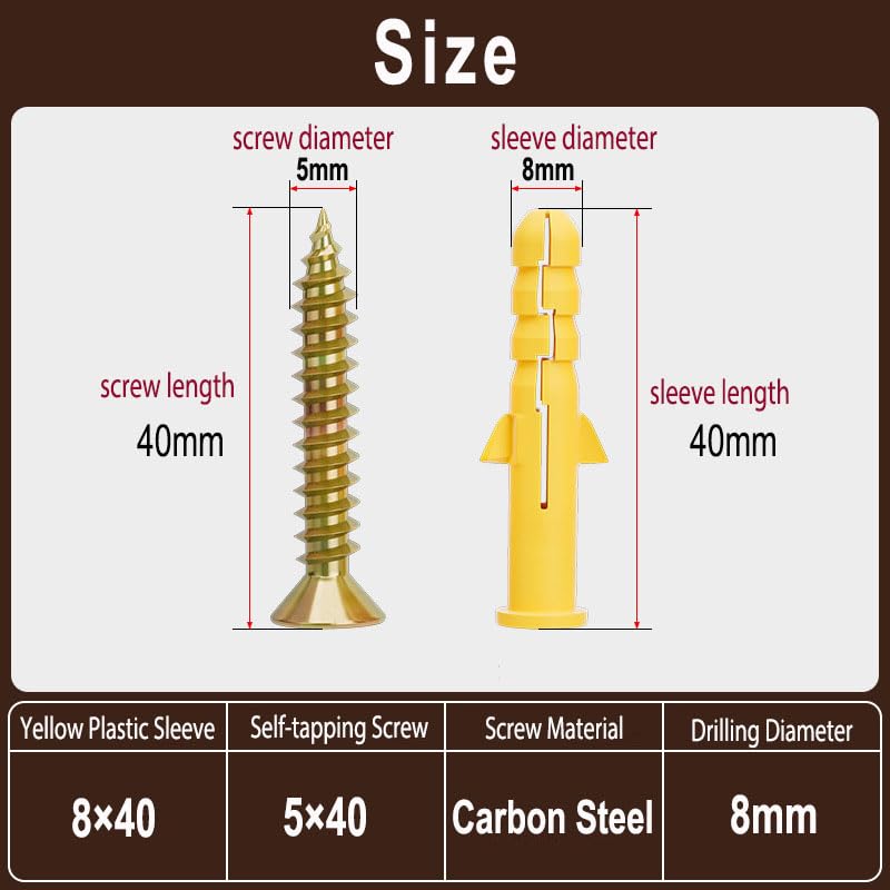 50 Sets Plastic Expansion Anchors with Carbon Steel Self-Tapping Screws - Anti-Rotation Wings for Secure Wall Mounting in Concrete,Brick (M8x40mm)