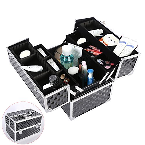 gootrades Portable Cosmetic Box,Aluminum Makeup Train Case,Professional Artist Jewelry Organizer with Adjustable Dividers Key Lock,Black