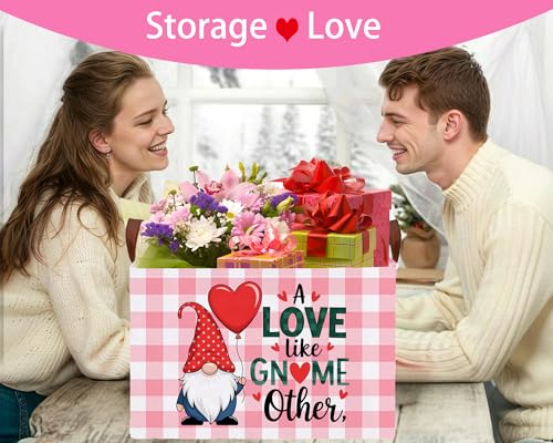 Image of Valentines Day Basket for Kids Heart Shaped Empty Storage Bins for Gifts with Handles Room Decor (Pink Grid Gnome Balloon Love)