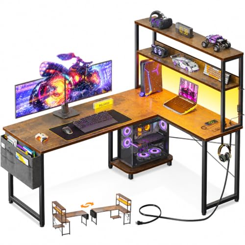 ODK 53 L Shaped Gaming Desk with Shelves LED & Outlets Vintage