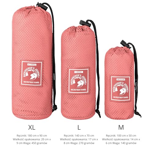 Backpacker's Journey Ręczniki z mikrofibry S M L XL. Zestaw ręczników podróżnych, lekkie, szybkoschnące, chłonne i antybakteryjne (kolor łososiowy XL)