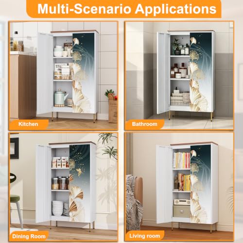 Image of 47 inch Metal Pantry Cabinet,White Kitchen Pantry Cabinets with Doors | Small Freestanding Storage Cabinet with Adjustable Shelves,Modern Cabinet for Living Room, Kitchen,Dining,Leaf Pattern