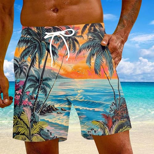 Shorts for Men Summer No Liner Elastic Waist Drawstring Shorts 2025 Quick Dry Tropical Floral Swimsuit with Pockets2
