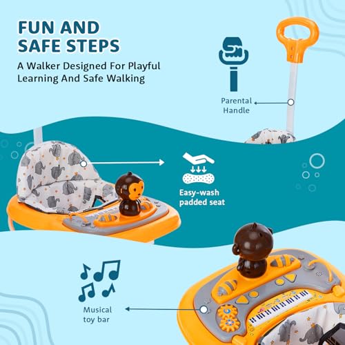 Image of Amazon Brand - Supples Baby Activity Walker with Parental Handle | BIS Certified | 3-Level Height Adjustment, Convertible Toy & Food Tray, Music, 360 Rotating Wheels | for 9+ Months |Grey & Yellow