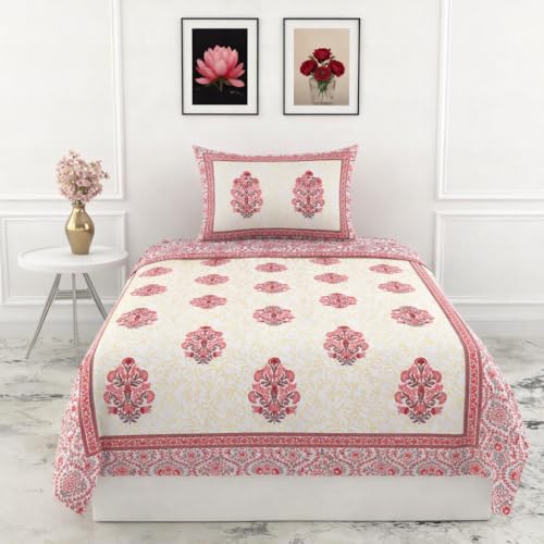 Image of elanorhomes 100% Cotton 240 TC Single Bed Sheet Set | Floral Printed Bedsheet with Pillow Cover | Soft Breathable Fabric for Bedroom | 60x90 Inches (Red Fulwari Print)