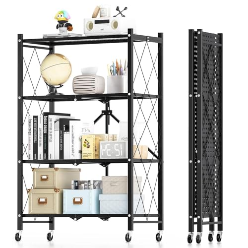 折りたたみラック 収納ラック スチールラック 棚 4段 幅71x奥行36x高さ125cm キャスター付きメタルラック 折り畳み棚 コンパクト 組立簡単 移動便利 防サビ加工(ブラック)