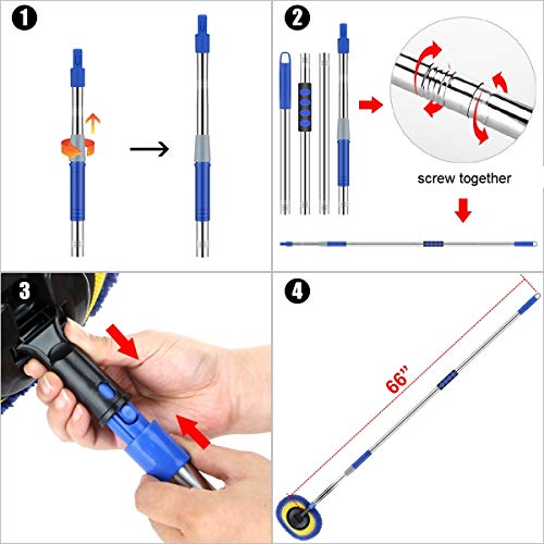 66'' Car Wash Brush With Long Handle, Chenille Microfiber Soft Car Wash Mop Cleaning Tool Kit With 15° Labor-Saving Elbow Extension Stainless Steel Pole & Replacement Head For Clean Rv Suv Truck House #TOP4