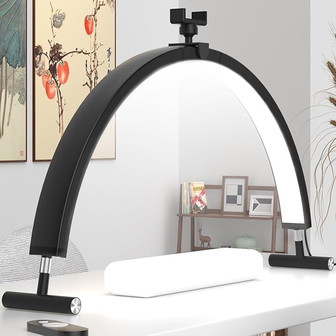 WLXFF 45w Foldable Half Moon Lamp, 29in Moon Light Lamp Lash Tech, Dimmable Half Moon Light with Phone Holder, Nail Lamp Desk with Remote Control, Stepless Dimming Nail Lamp Desk (A Black, 29IN)